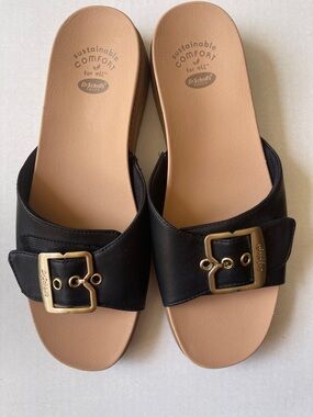 Dr. Scholl's Black Slide Sandals with Gold Buckle